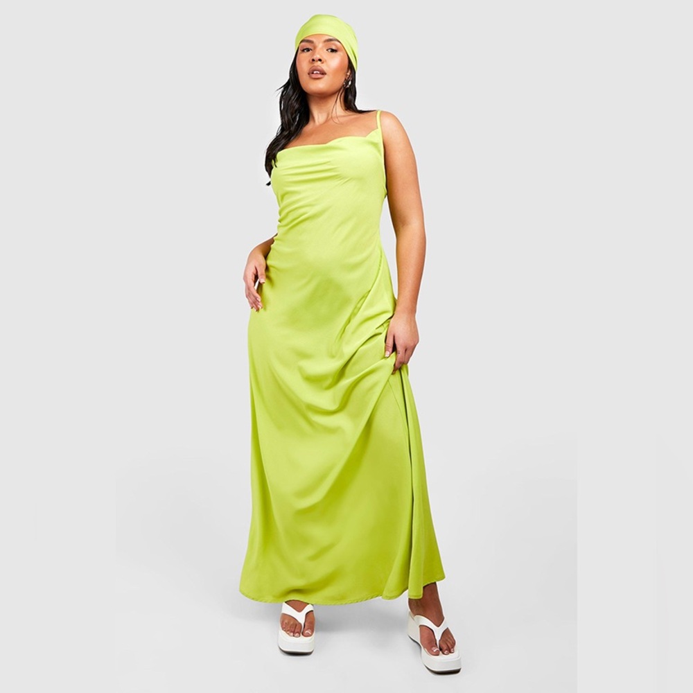 NWT. Boohoo Maxi Dress With Scarf In Chartreuse Green.